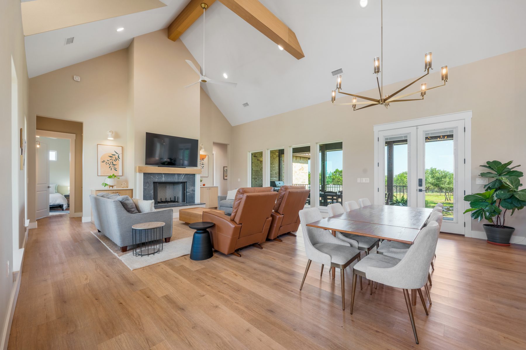 Great room with vaulted ceilings and exposed beams